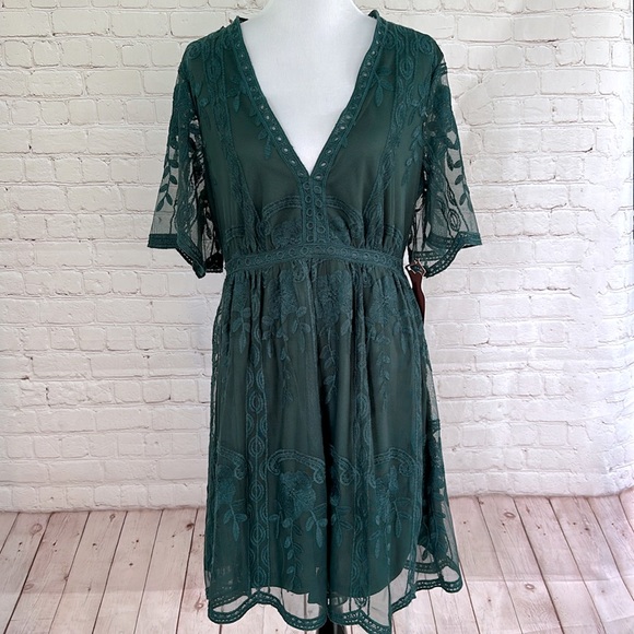 Haute Monde NWT Dark Teal Green Boho Lace Dress - Picture 3 of 13